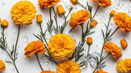 bunch of marigold flowers on plain white background with water splash
