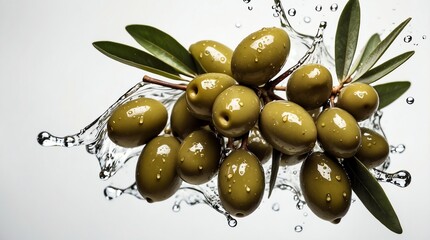 bunch of olive on plain white background with water splash