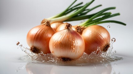 bunch of onion on plain white background with water splash