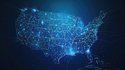Obraz premium Abstract glowing plexus map of United States of America on dark blue background.