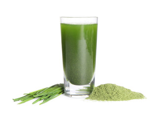 Wheat grass drink in shot glass, fresh sprouts and green powder isolated on white