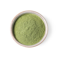 Wheat grass powder in bowl isolated on white, top view