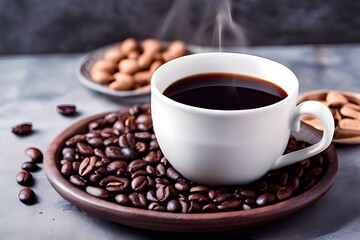 Coffee beans and cup of coffee on dark table, perfect for a cozy morning brew.
