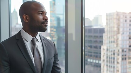 Fototapeta premium Thoughtful AfricanAmerican Businessman in a Perfect Tailored Suit Standing in His Office Looking out of the Window on Big City Successful CEO Planning His Investment Strategy for eComm : Generative AI