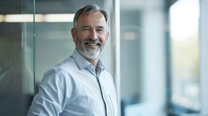Fototapeta premium Portrait of confident businessman in business casual Happy middle aged mid adult mature age man smiling Entrepreneur in modern office : Generative AI