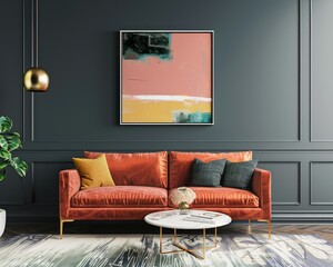 Abstract painting in warm colors on dark wall in living room with orange sofa, coffee table and carpet