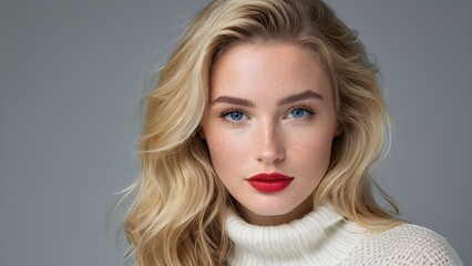 Fototapeta premium Beautiful woman with blonde hair, blue eyes, and red lips wearing a white sweater on a gray background with copy space