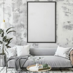 Blank wall mockup with a plant and sofa in the background