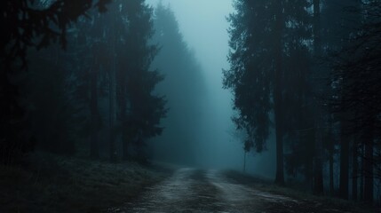 Obraz premium Mysterious Dark Forest Path In Foggy Blue Morning With Tall Trees And Misty Atmosphere