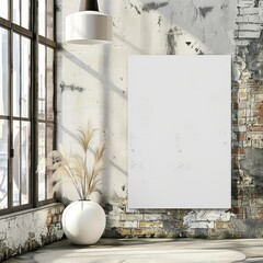 Blank white vertical poster frame mockup in shabby interior.