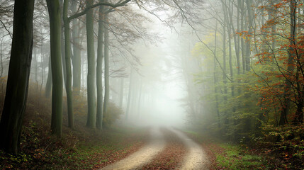 Misty Autumn Forest Pathway With Tall Trees And Foggy Atmosphere, Natural Landscape For Tranquility And Serenity, Ideal For Nature And Travel Themes, Perfect For Desktop Wallpapers And Prints