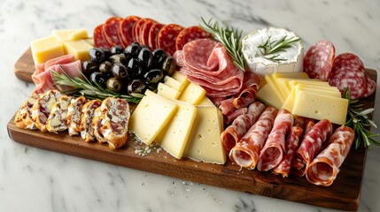 A variety of meats and cheeses arranged on a wooden board