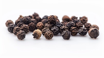 Obraz premium A mound of black pepper grains neatly arranged on a clean white surface