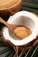 Spoon with coconut sugar and fruit on table, closeup