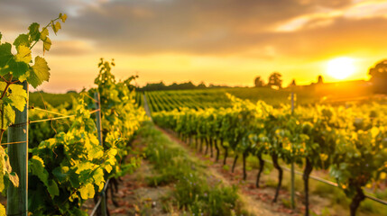 Naklejka premium Golden Sunset Over Lush Vineyard Rows During Summer