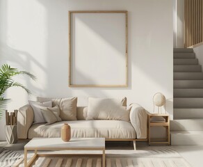 Bright living room interior with sofa, coffee table, staircase and houseplant. 3d render