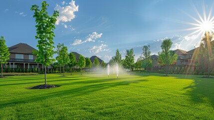A sprinkler watering a vibrant, green field