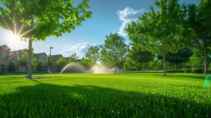 Fototapeta premium A rich green lawn with a subtle spray of water in the distance, creating a refreshing and lively atmosphere