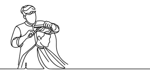 Fototapeta premium Continuous line drawing cutting hair at the barbershop.