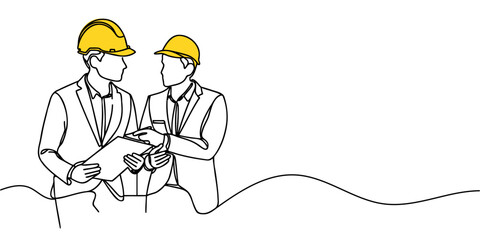 One line illustration of two male architects, engineers or contractors talking about a project