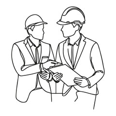 Obraz premium One line illustration of two male architects, engineers or contractors talking about a project