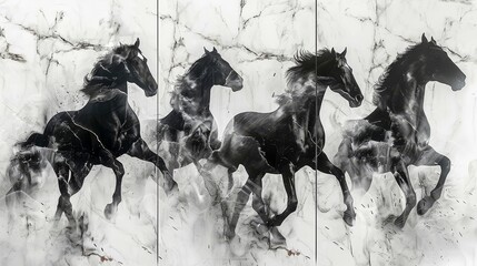 Minimalist 3-panel wall art with a marble backdrop, 8 black horse silhouettes in various elegant poses, sophisticated decor