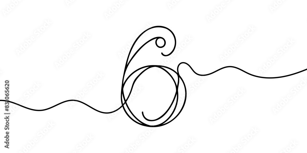 Poster number 6 in continuous line drawing style. line art of number six. vector illustration.