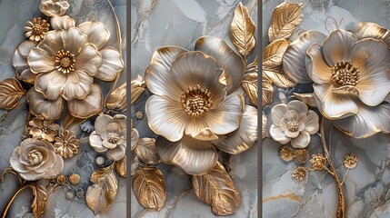 Marble background 3-panel wall art, close-up of elegant golden and silver flower designs, rich texture and refined details