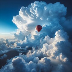 Hot air balloon floats in the sky next to a huge fluffy cloud