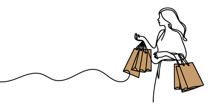 recommend clip art: Continuous one line drawing of a woman holding paper bags after shopping