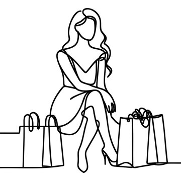 recommend clip art: Continuous one line drawing of a woman holding paper bags after shopping