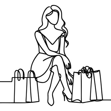recommend clip art: Continuous one line drawing of a woman holding paper bags after shopping