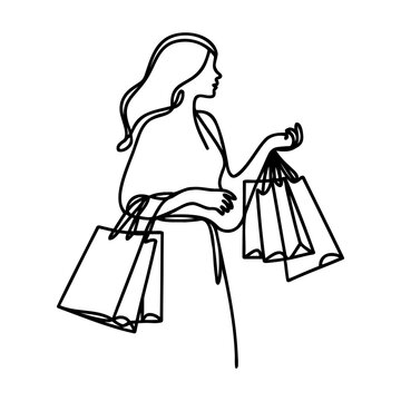 recommend clip art: Continuous one line drawing of a woman holding paper bags after shopping