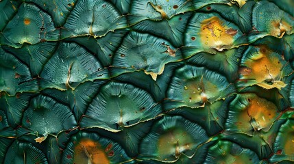 Fototapeta premium Macro image of pineapple skin with its rough texture and green hues, isolated background, studio lighting, raw style
