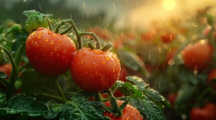 A close view of ripe, red tomatoes clustered together on a healthy green tomato plant in a garden - Powered by Adobe