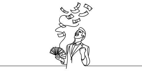 Obraz premium Male businessman rejoices at banknotes falling on him drawn in one line.
