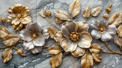 Luxurious 3-panel wall art, marble background with golden and silver floral designs, close-up showcasing detailed craftsmanship