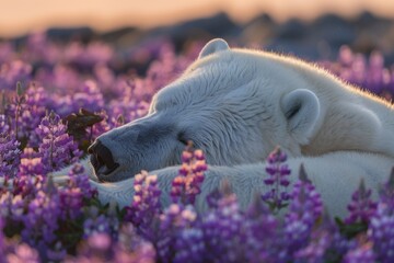 A polar bear is resting calmly amidst a field of vibrant purple flowers