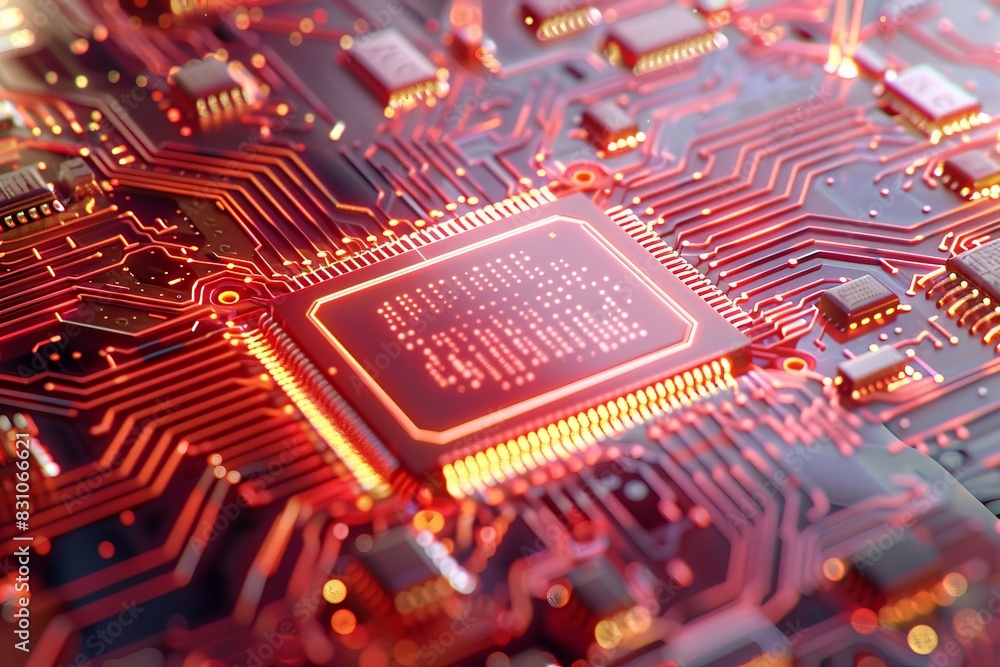 Poster close-up of a red circuit board with intricate circuitry and microchips, showcasing detailed technol