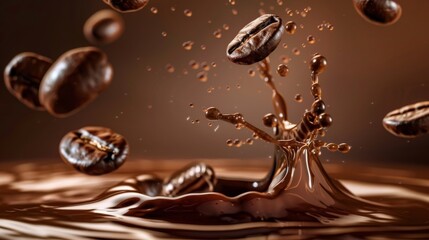 A splash of coffee merges with a puddle of water, creating intricate patterns as the liquids blend and mix together