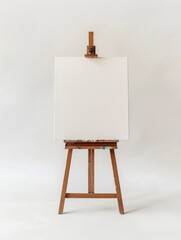 An easel standing with a blank white canvas ready for an artists creation