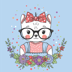 Cute cat girl with glasses, floral wreath, kitten face