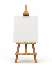A wooden easel displaying a white canvas, ready for painting or drawing