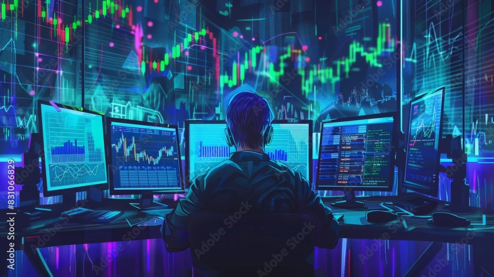 Poster a man is seated at a desk, working in front of three computer monitors displaying various informatio