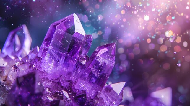 amethyst enchantment macro closeup of sparkling purple quartz crystal with multicolored light rays abstract background