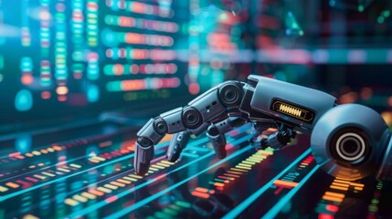 A robotic arm is linked to a computer screen, displaying a high-tech connection between the two devices.