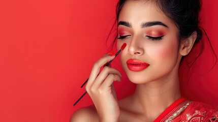 Fototapeta premium Young Indian woman applying makeup on face with makeup brush