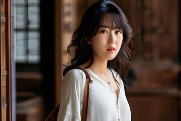 A woman wearing a white shirt and carrying a brown bag.