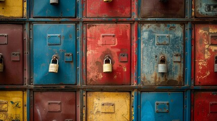 Detailed shot of old-school lockers in a variety of bright colors, showing padlocks and the texture of aged metal