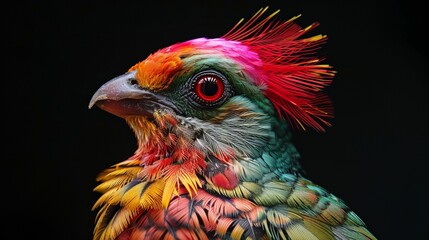 Close-up of a vibrant, colorful bird with a striking red crest and detailed plumage against a dark background.